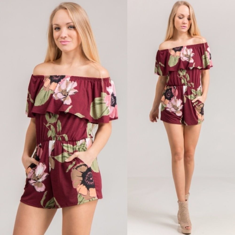 Spring Floral Print Romper Off Shoulder with Pock